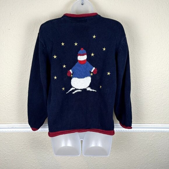 VTG Christopher & Banks Sweater American Flag Snowman Patriotic Blue Large - Picture 2 of 7